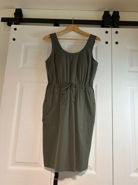 Casual Olive Drawstring Waist Tank Dress- built in bra & pockets